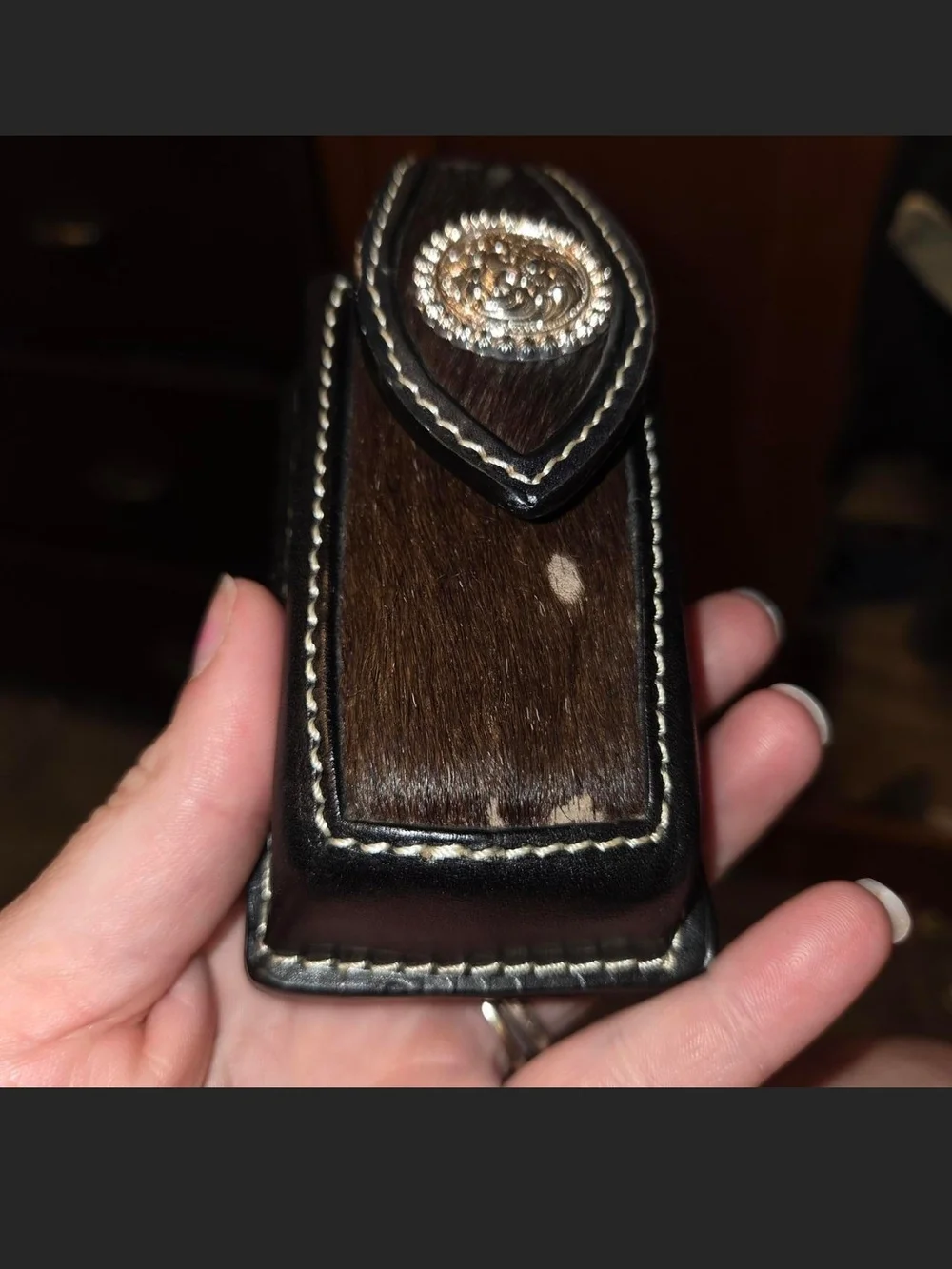 Leather & Hair-On Hide Belt Pouch with Silver Concho - Brown
